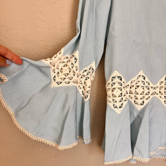 Jonathan Simkhai Light Blue & Cream Bell Sleeve Top - Picture 3 of 6